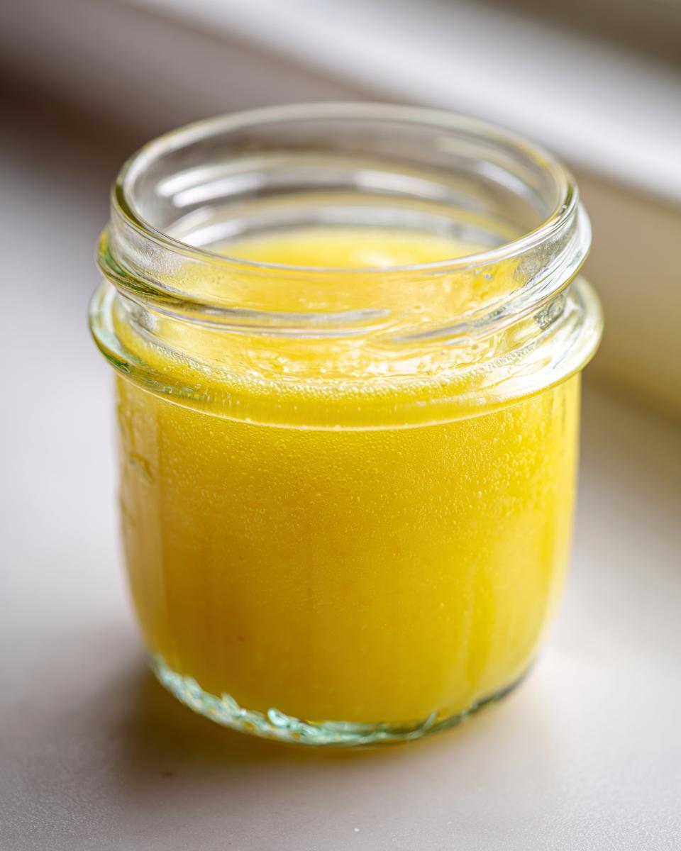 Close-up of bright yellow easy lemon vinaigrette dressing settled in a small glass jar.