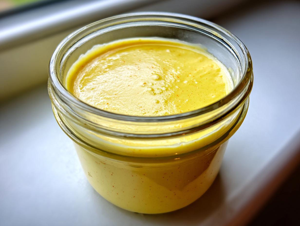 Close-up of a small glass jar filled with thick, bright yellow easy lemon vinaigrette dressing.