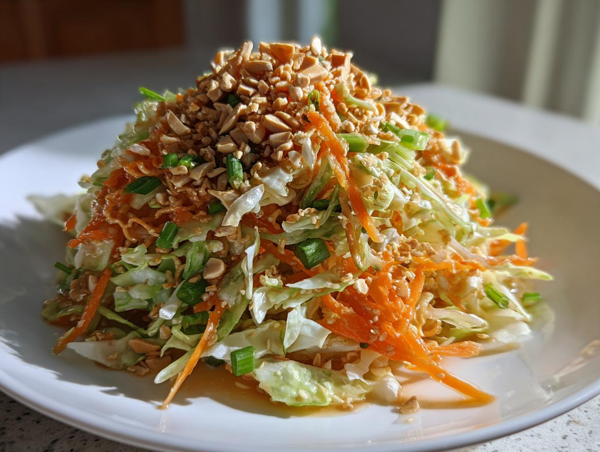 A beautifully plated mound of asian cabbage salad featuring shredded cabbage, carrots, and green onions, generously topped with chopped peanuts.