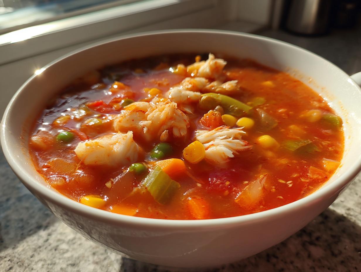 Close-up of a steaming bowl of rich, tomato-based maryland crab soup filled with vegetables and topped with white crab meat.