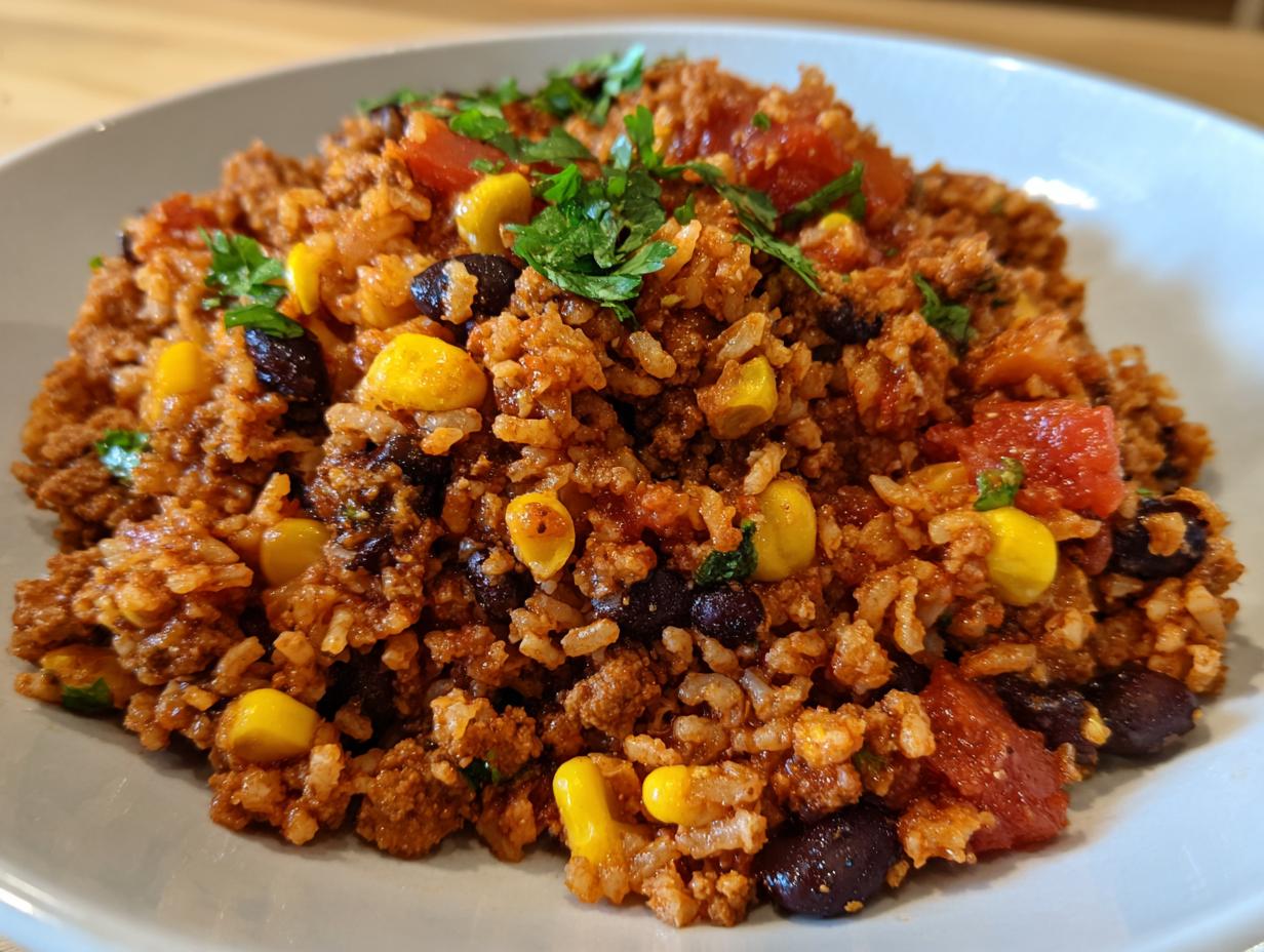 Close-up of a serving of vibrant Mexican chorizo rice mixed with black beans, corn, and diced tomatoes, garnished with cilantro.