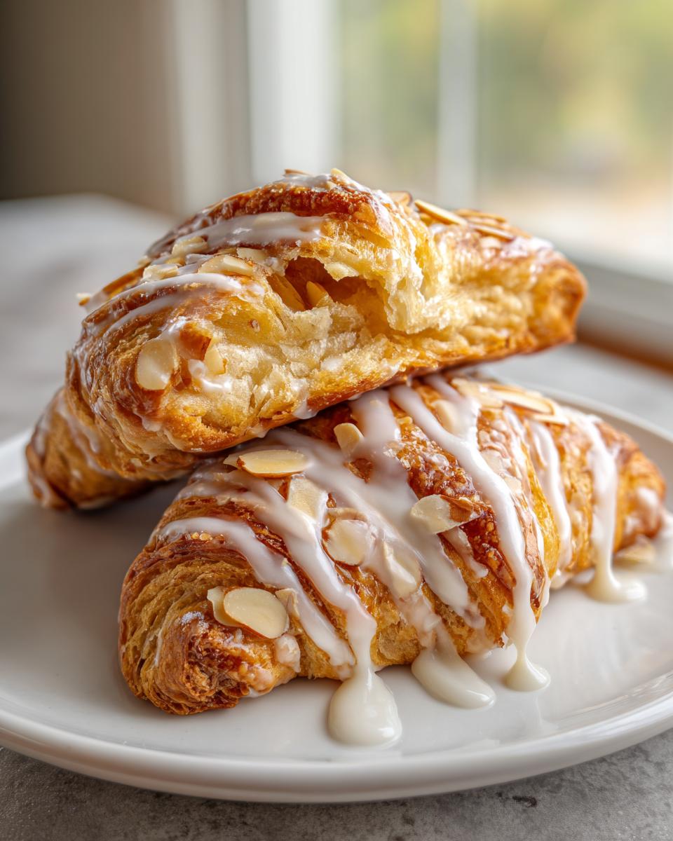 Two flaky almond bear claws stacked, drizzled heavily with white vanilla icing and topped with sliced almonds.