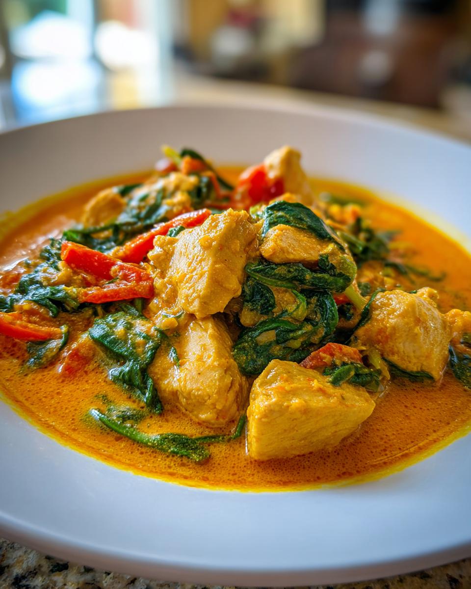 Close-up of chunks of chicken and wilted spinach in a rich, orange coconut curry sauce served in a white bowl.