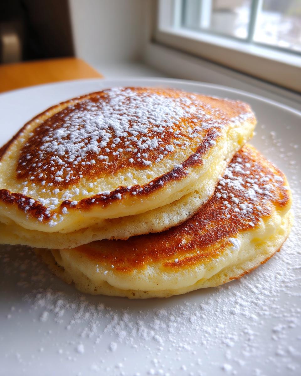 Close-up of two fluffy buttermilk pancakes stacked and generously dusted with powdered sugar.