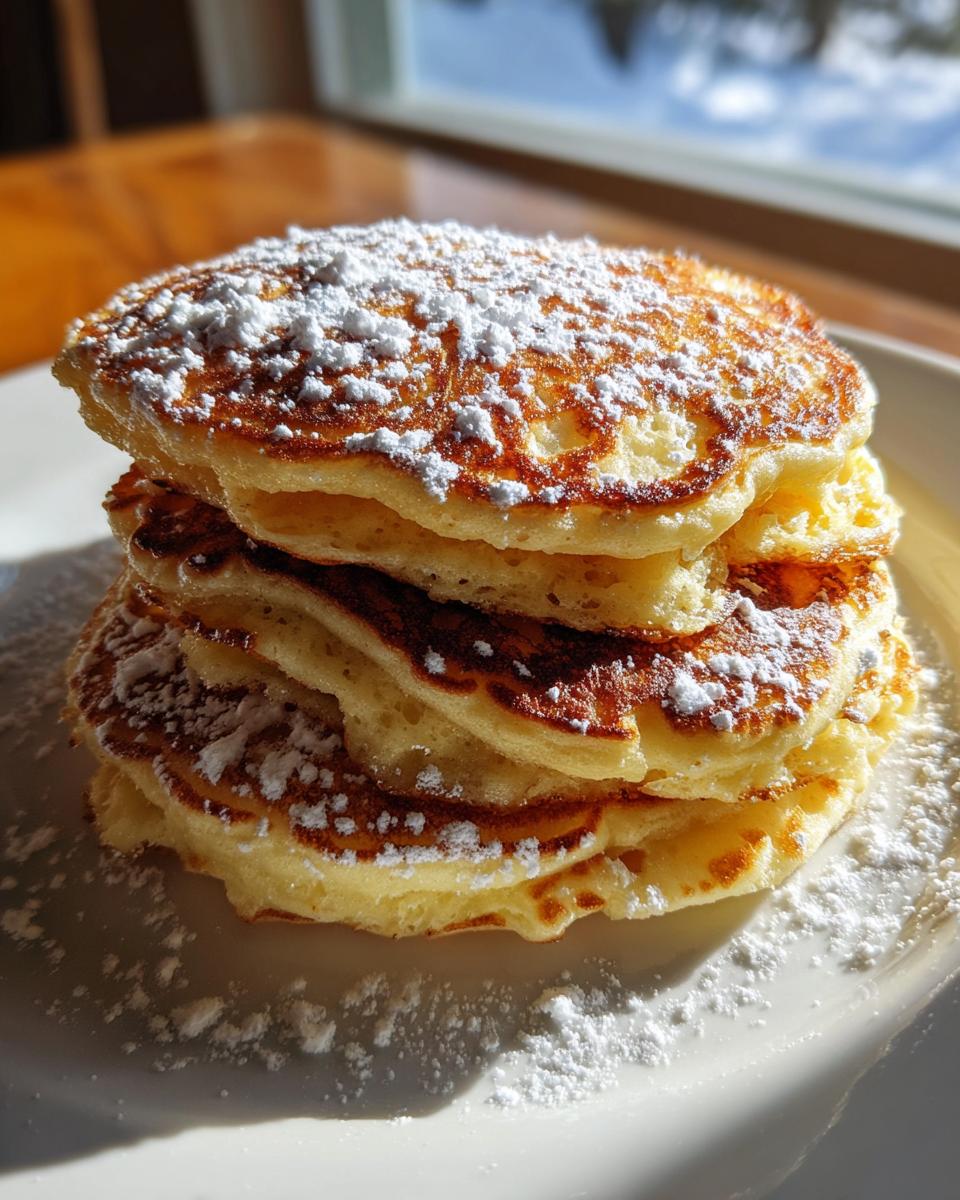 A close-up of a tall stack of fluffy buttermilk pancakes dusted generously with powdered sugar, sitting on a white plate.