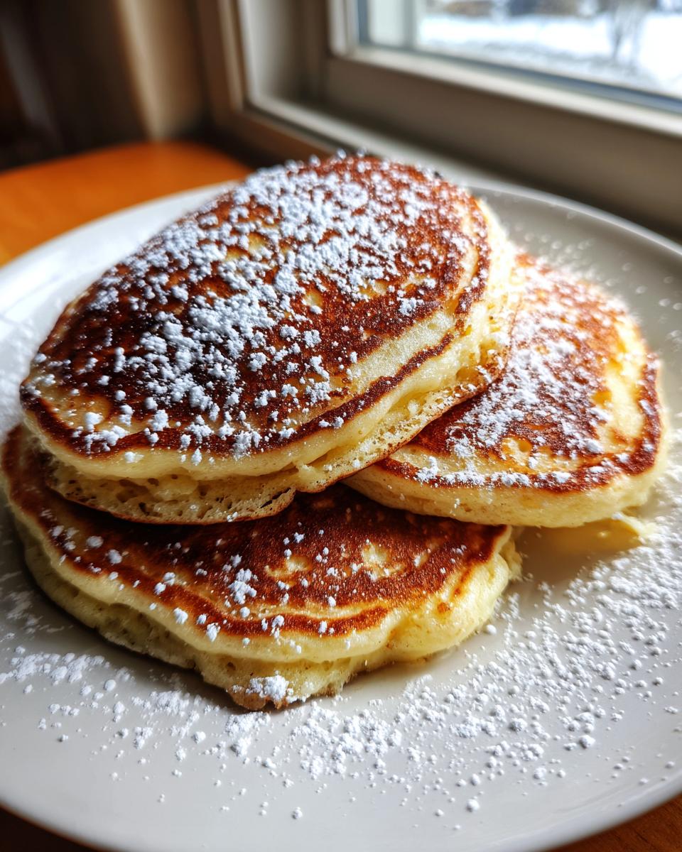 A stack of three fluffy buttermilk pancakes dusted generously with powdered sugar on a white plate.