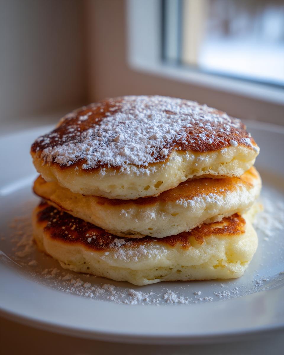 Close-up of three fluffy buttermilk pancakes stacked high and dusted generously with white powdered sugar.