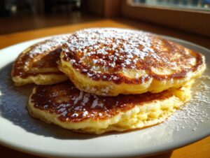 Close-up of three fluffy buttermilk pancakes stacked on a white plate, dusted generously with powdered sugar.