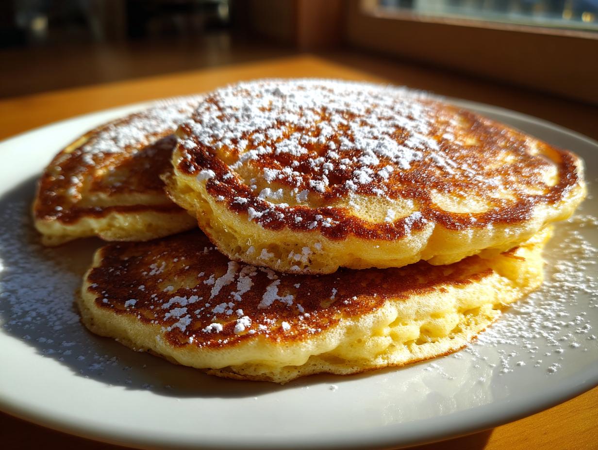 Close-up of three fluffy buttermilk pancakes stacked on a white plate, dusted generously with powdered sugar.