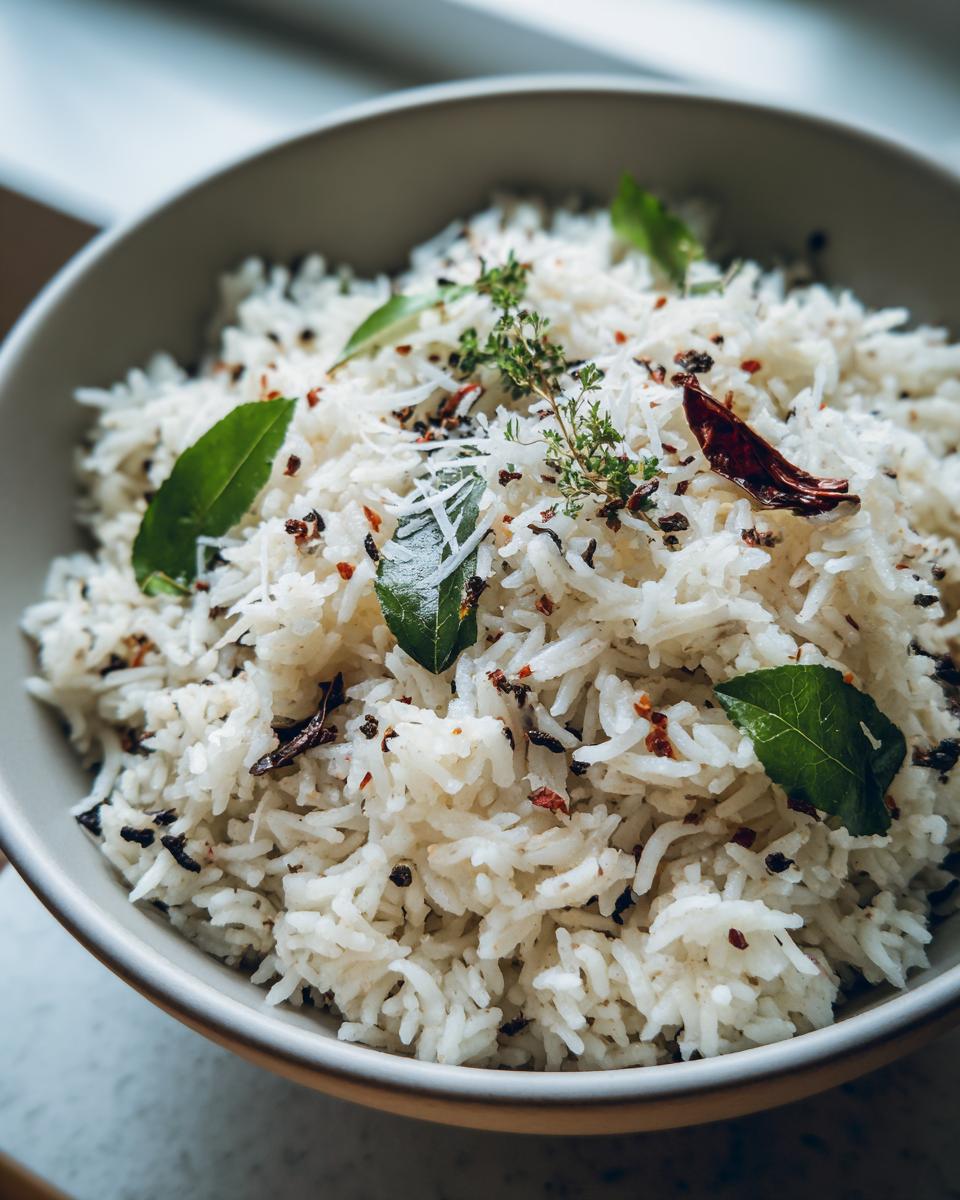 Close-up of fluffy white coconut pepper rice garnished with curry leaves, dried chili, and herbs.