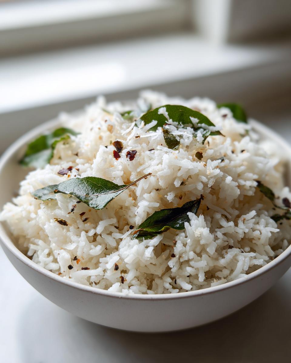 Close-up of fluffy white coconut pepper rice garnished with fresh curry leaves and shredded coconut.