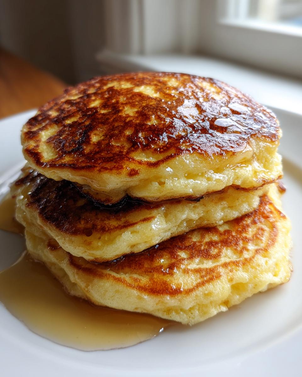 A close-up stack of three golden-brown discard pancakes drizzled with syrup on a white plate.