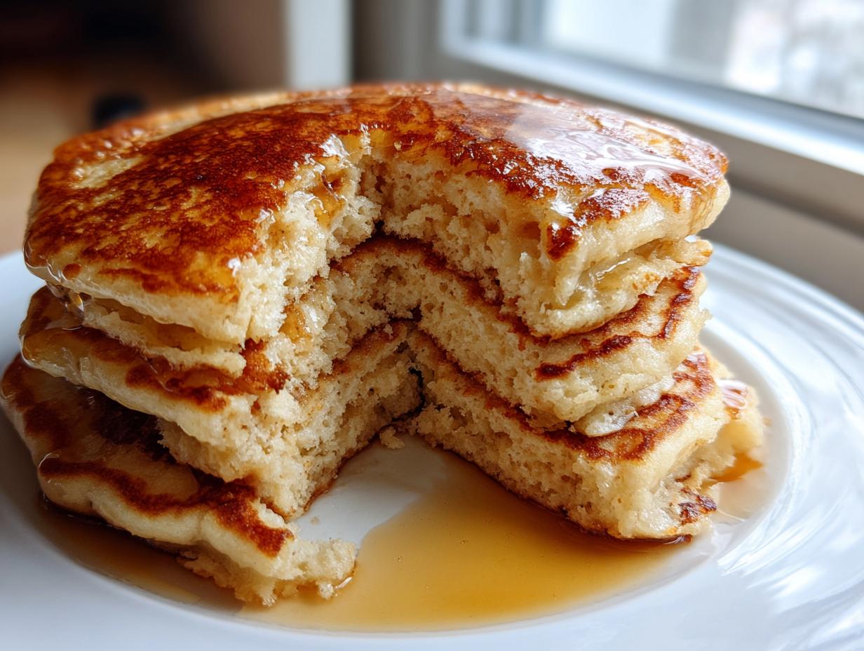 A close-up of a tall stack of fluffy discard pancakes drizzled generously with golden syrup.