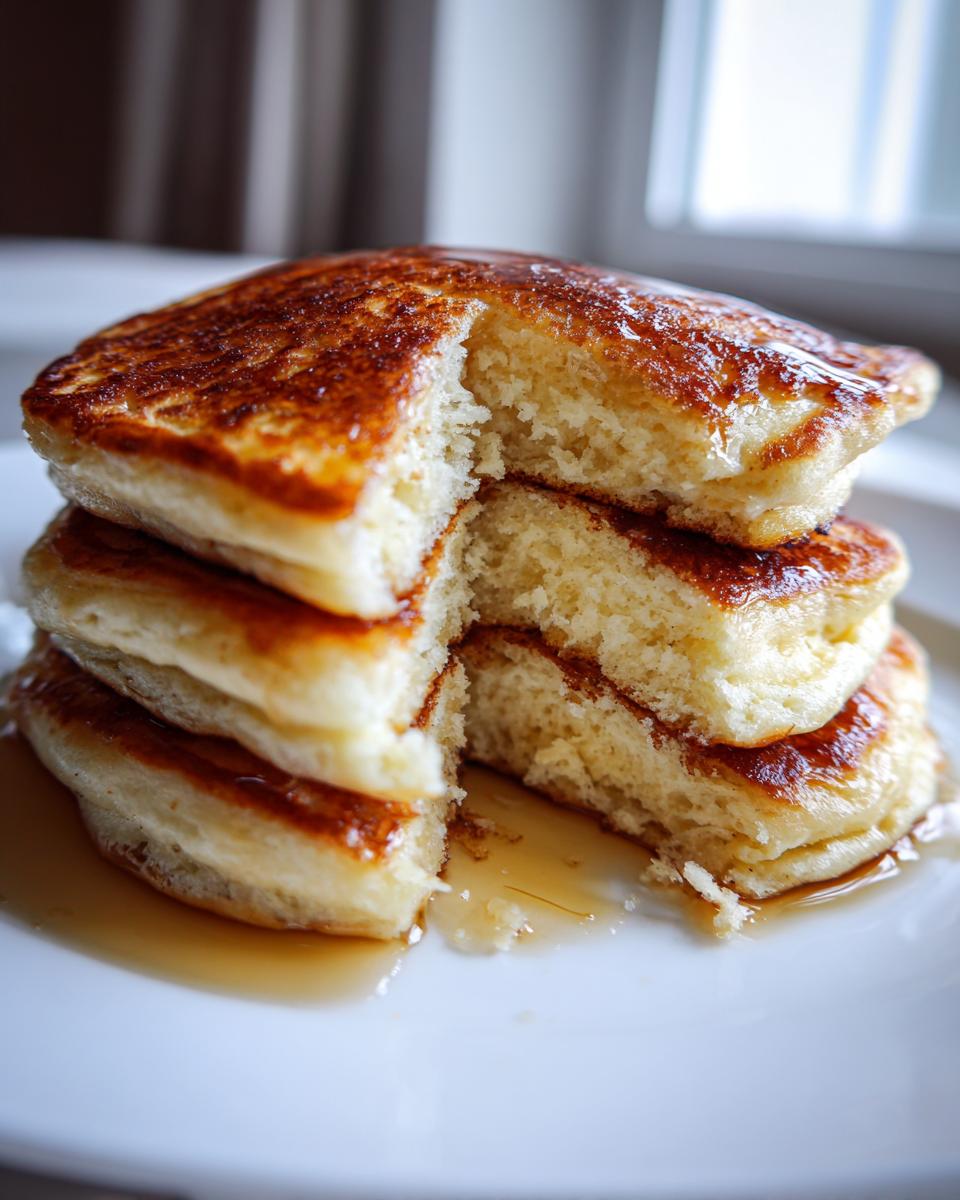 Close-up of a stack of fluffy discard pancakes, cut open to show the soft interior, drizzled with syrup.