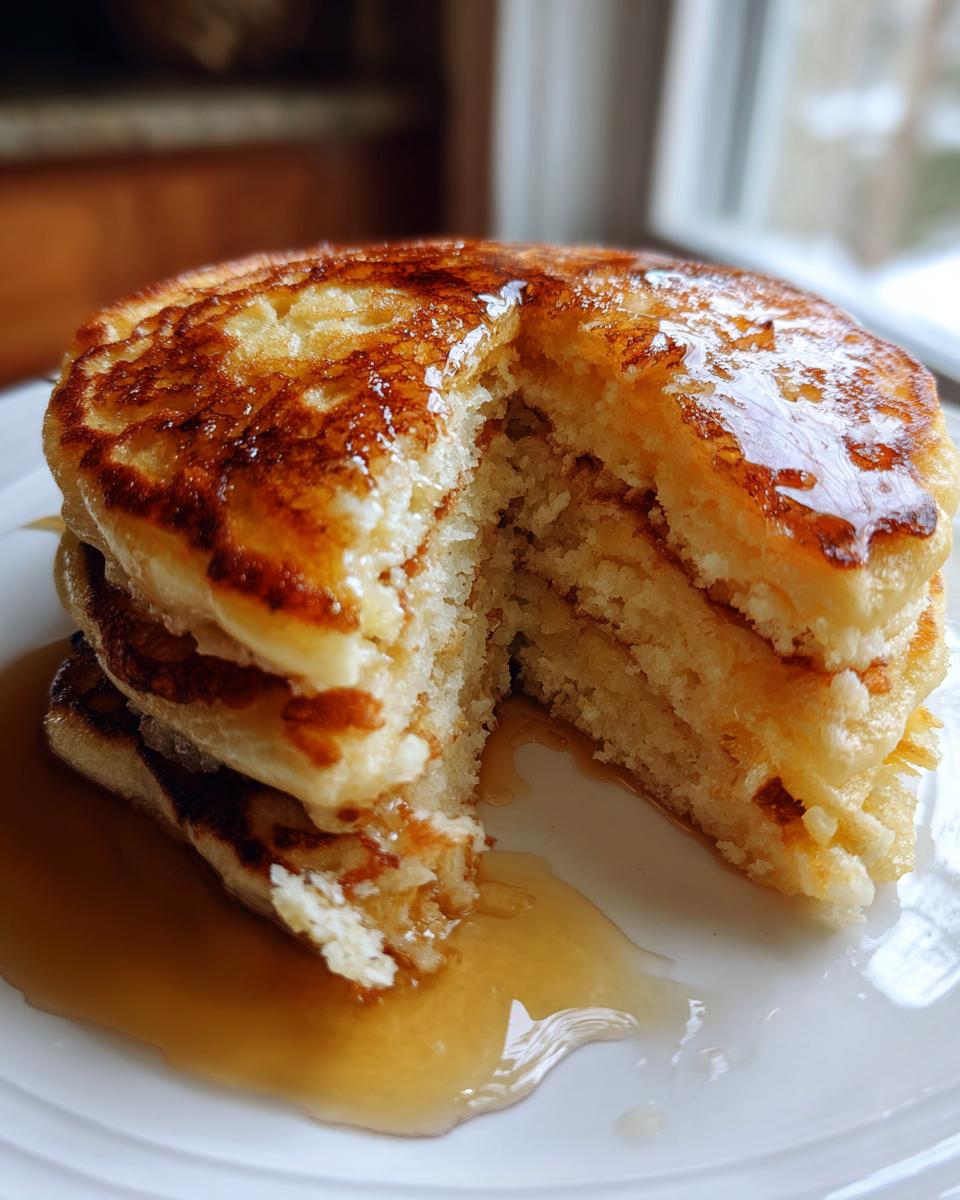A stack of fluffy discard pancakes cut open to show the texture, drizzled generously with golden syrup.