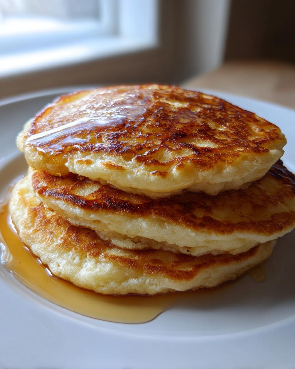 A stack of three golden brown discard pancakes drizzled with syrup on a white plate.