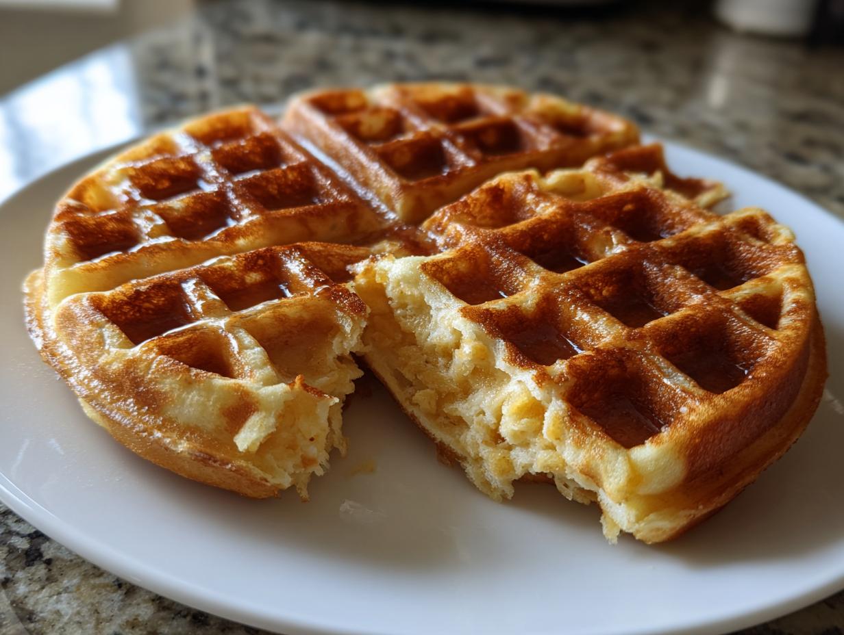 A golden brown oat yeast waffle, broken open to show the fluffy interior, drizzled with syrup on a white plate.