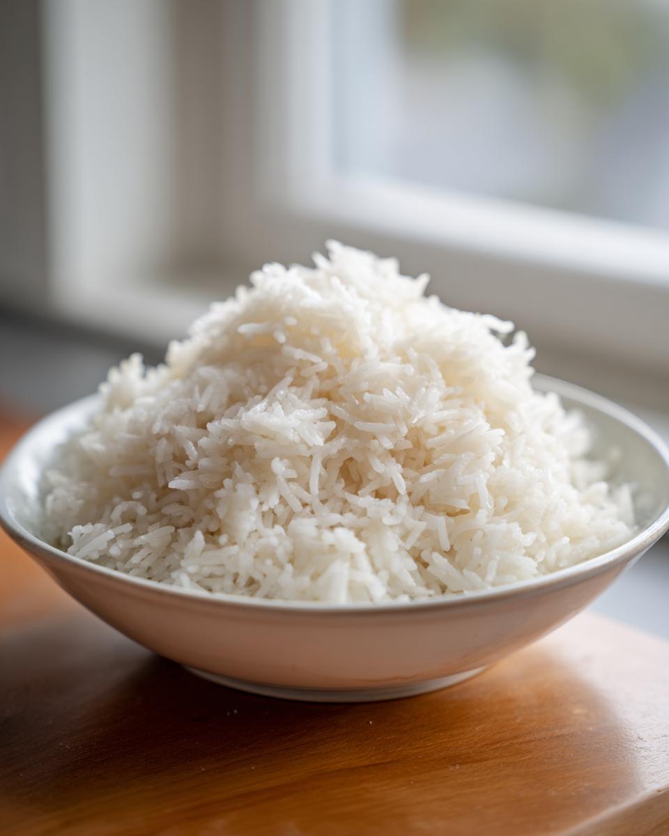 A close-up of a bowl piled high with fluffy, white thai coconut rice, set on a wooden surface.