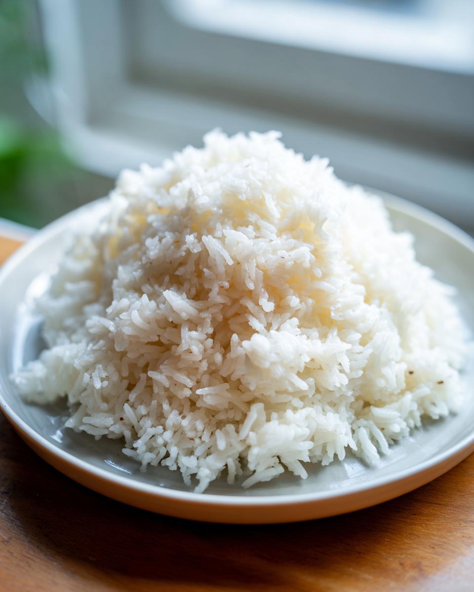 A close-up of a generous mound of fluffy, white thai coconut rice served on a light-colored plate.