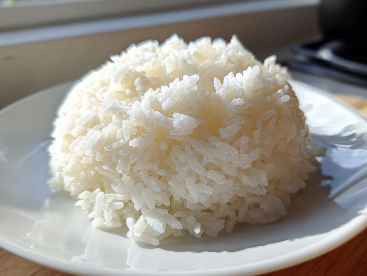A perfectly molded mound of fluffy white thai coconut rice served on a white plate.