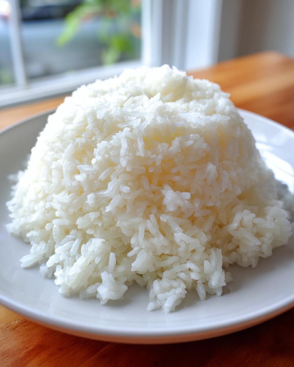 A perfectly molded mound of fluffy white thai coconut rice served on a simple white plate.