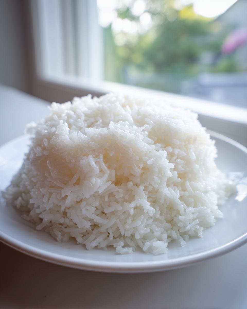 A mound of perfectly cooked, fluffy white thai coconut rice served on a white plate near a bright window.