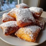 A stack of freshly fried, fluffy vanilla French beignets generously dusted with powdered sugar on a white plate.