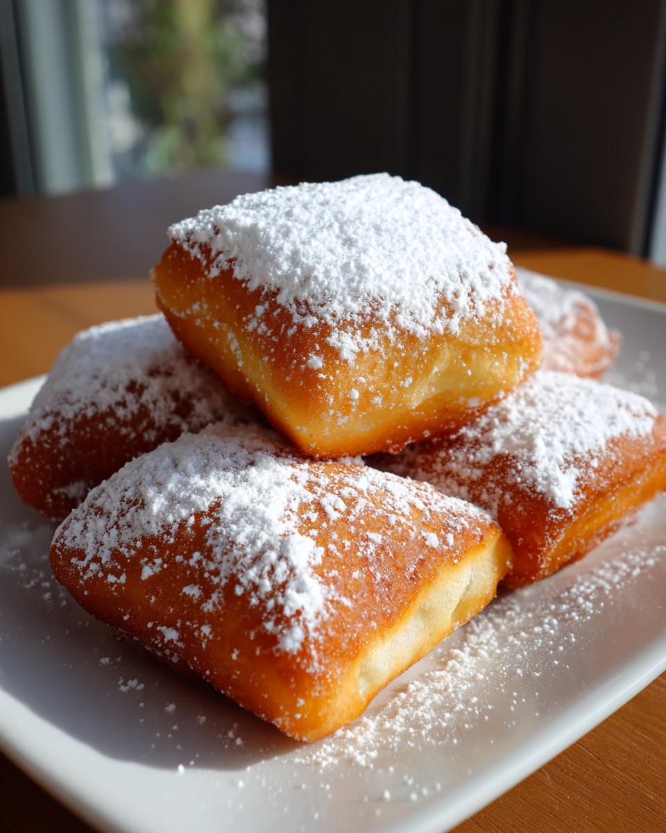 A close-up of several fluffy vanilla French beignets generously dusted with white powdered sugar on a white plate.