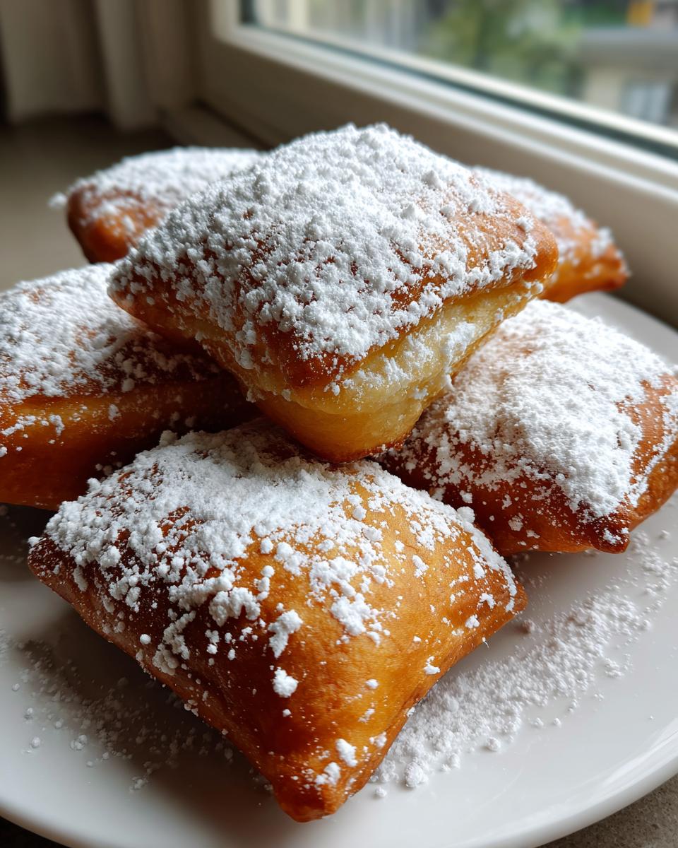 A stack of freshly fried, fluffy vanilla French beignets heavily dusted with white powdered sugar.
