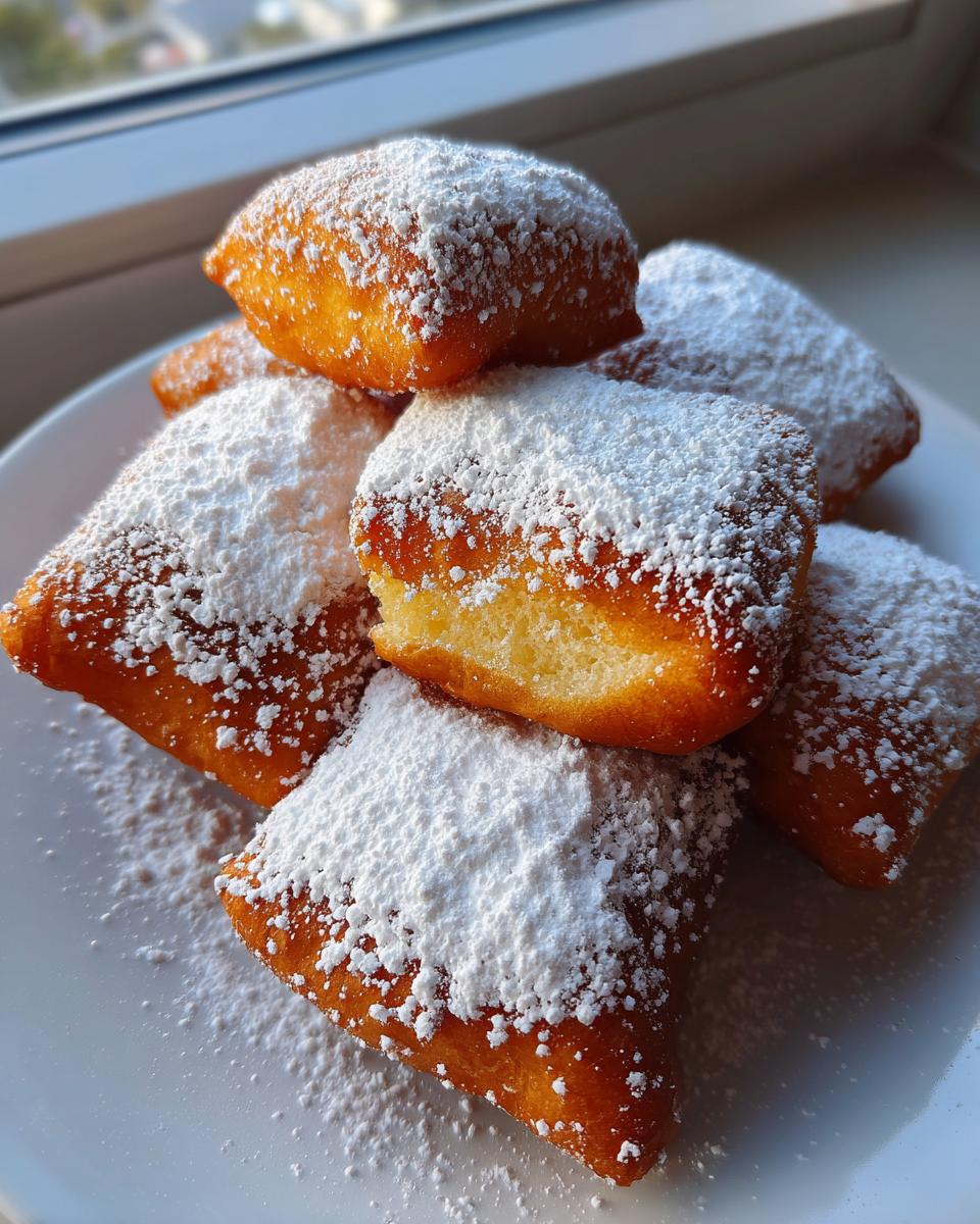 A stack of golden brown, fluffy vanilla French beignets generously dusted with powdered sugar on a white plate.