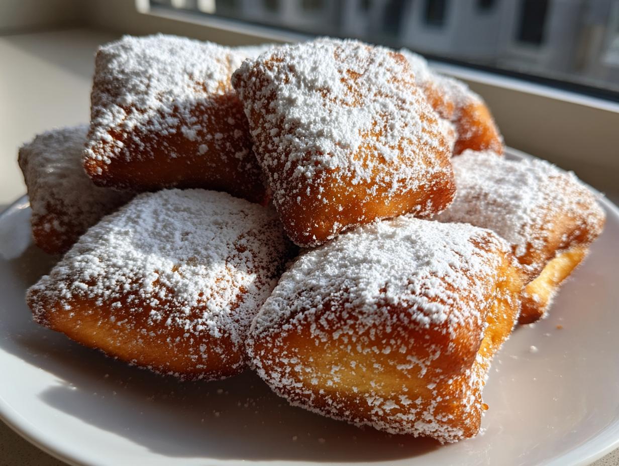 A close-up of several fluffy vanilla French beignets generously dusted with powdered sugar, sitting on a white plate.