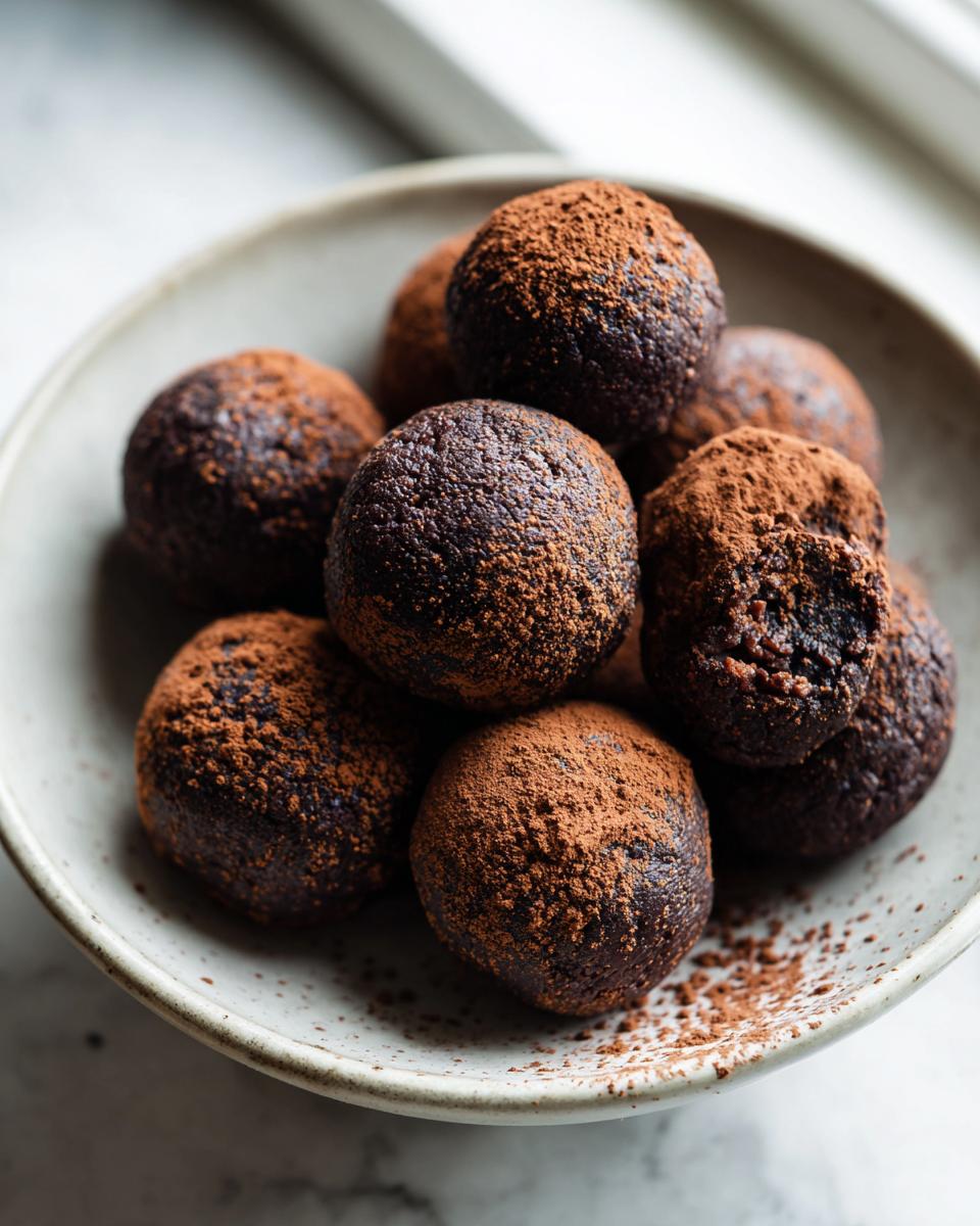 A close-up of several fudgy date brownie balls piled in a speckled ceramic bowl, heavily dusted with cocoa powder.