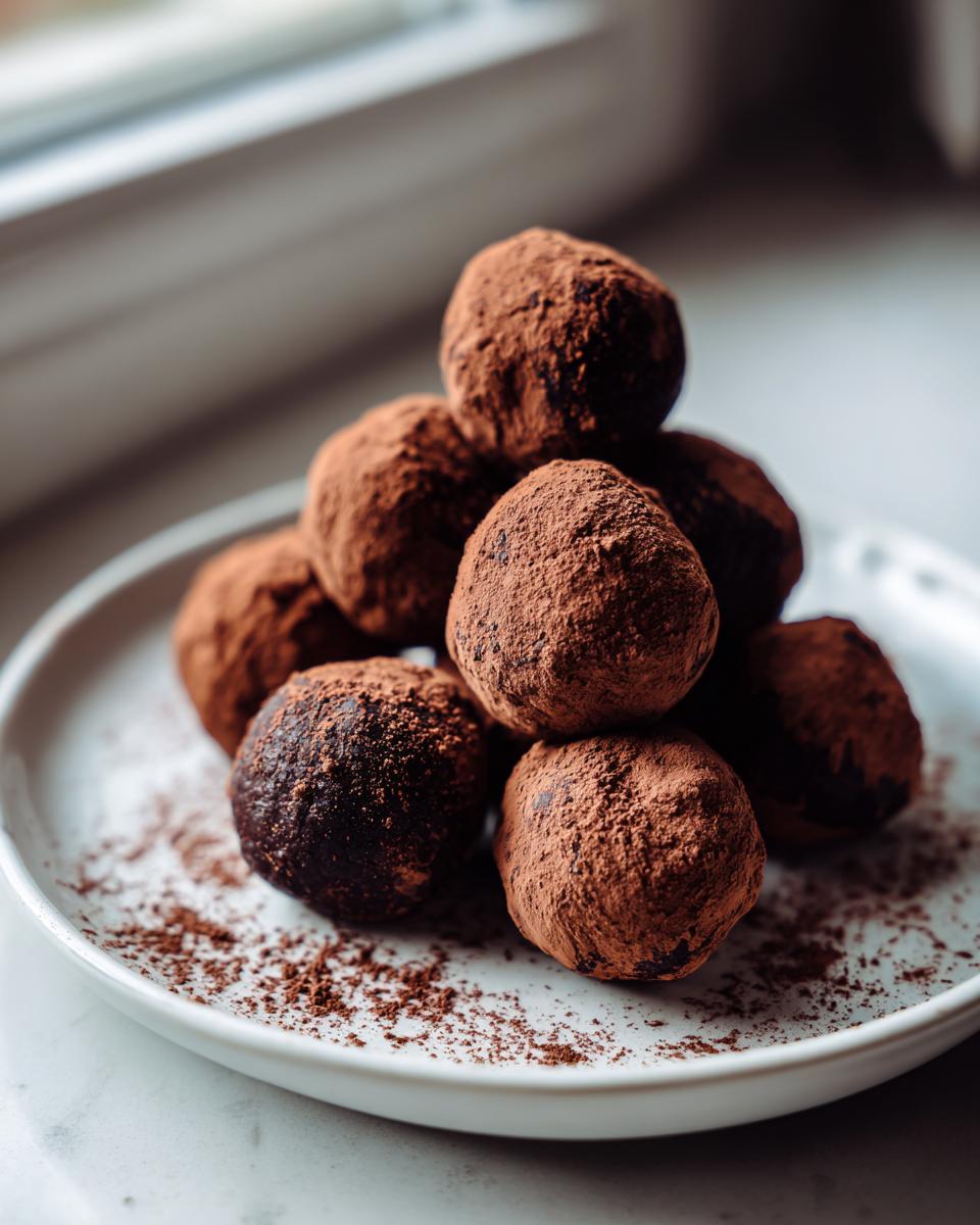 A stack of fudgy date brownie balls heavily dusted with cocoa powder, resting on a white plate.