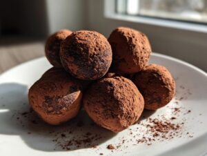 A pile of rich, fudgy date brownie balls heavily dusted with cocoa powder, sitting on a white plate.