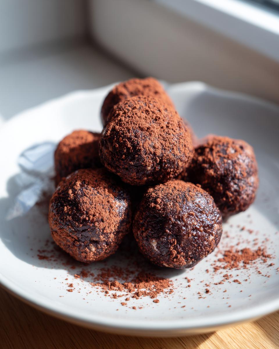 A pile of fudgy date brownie balls heavily dusted with cocoa powder, sitting on a white plate.