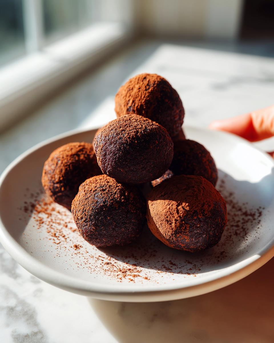 A stack of rich, fudgy date brownie balls heavily dusted with cocoa powder, served on a white plate.
