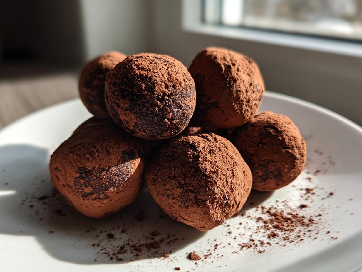 A pile of rich, fudgy date brownie balls heavily dusted with cocoa powder, sitting on a white plate.