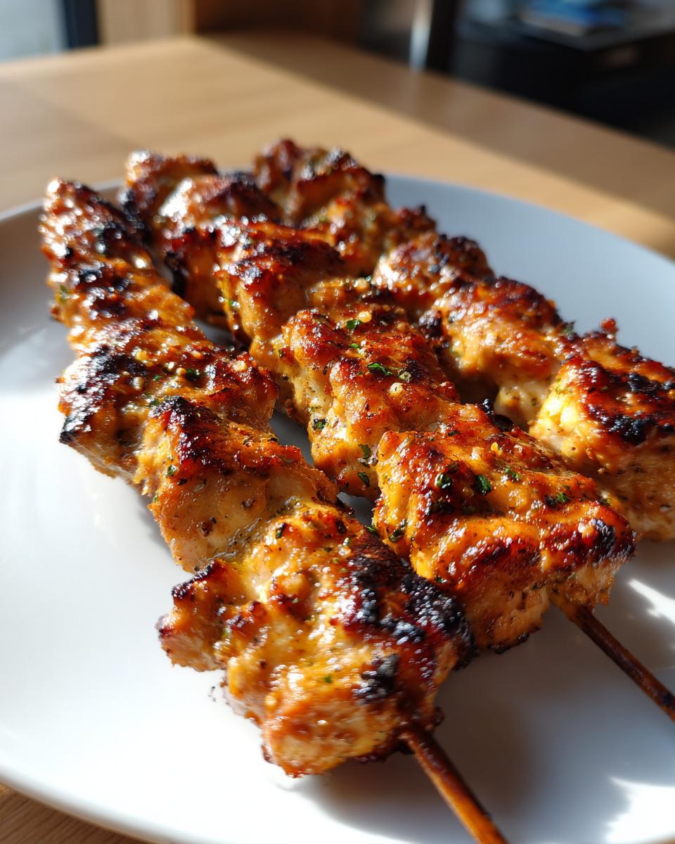 Close-up of several golden-brown, charred garlic parmesan chicken skewers resting on a white plate.