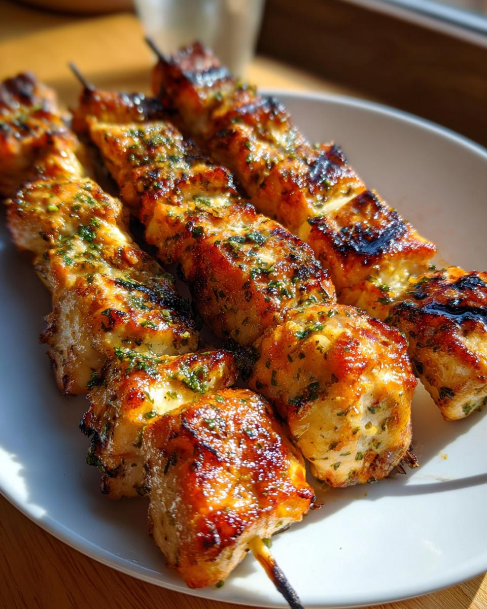 Close-up of perfectly grilled garlic parmesan chicken skewers, glistening with marinade and herbs, served on a white plate.
