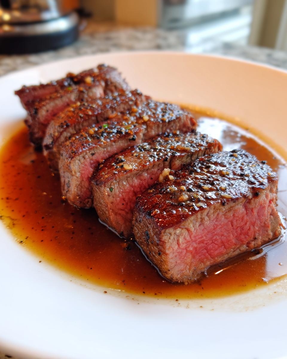 Close-up of medium-rare garlic pepper steak, sliced and resting in its savory pan sauce on a white plate.