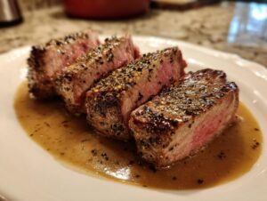 Four thick slices of medium-rare garlic pepper steak resting in a savory pan sauce on a white plate.