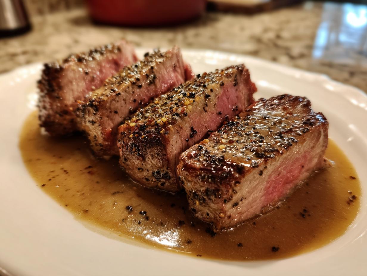 Four thick slices of medium-rare garlic pepper steak resting in a savory pan sauce on a white plate.
