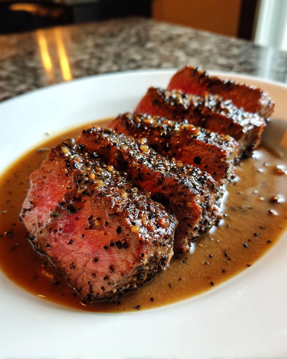 Close-up of medium-rare garlic pepper steak, sliced and resting in a rich brown sauce on a white plate.