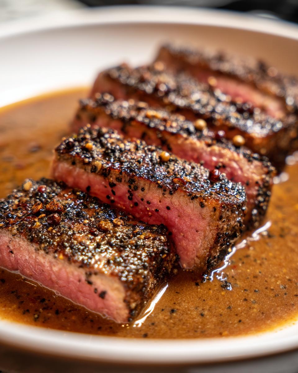 Close-up of medium-rare garlic pepper steak, thickly crusted and sliced, resting in pan sauce.