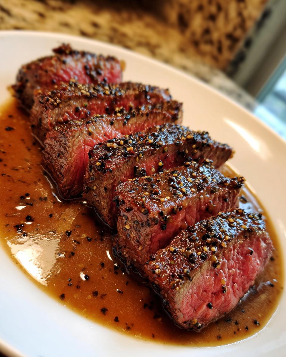 Slices of medium-rare garlic pepper steak coated in cracked peppercorns, resting in a brown pan sauce.