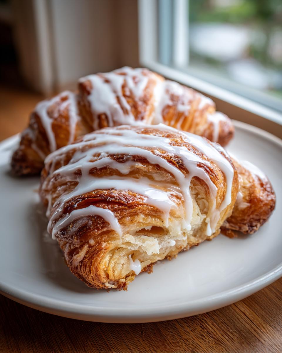Close-up of two golden brown almond bear claws drizzled with white icing, resting on a white plate.