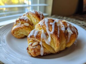 Two golden brown almond bear claws drizzled with white icing, resting on a white plate near a window.