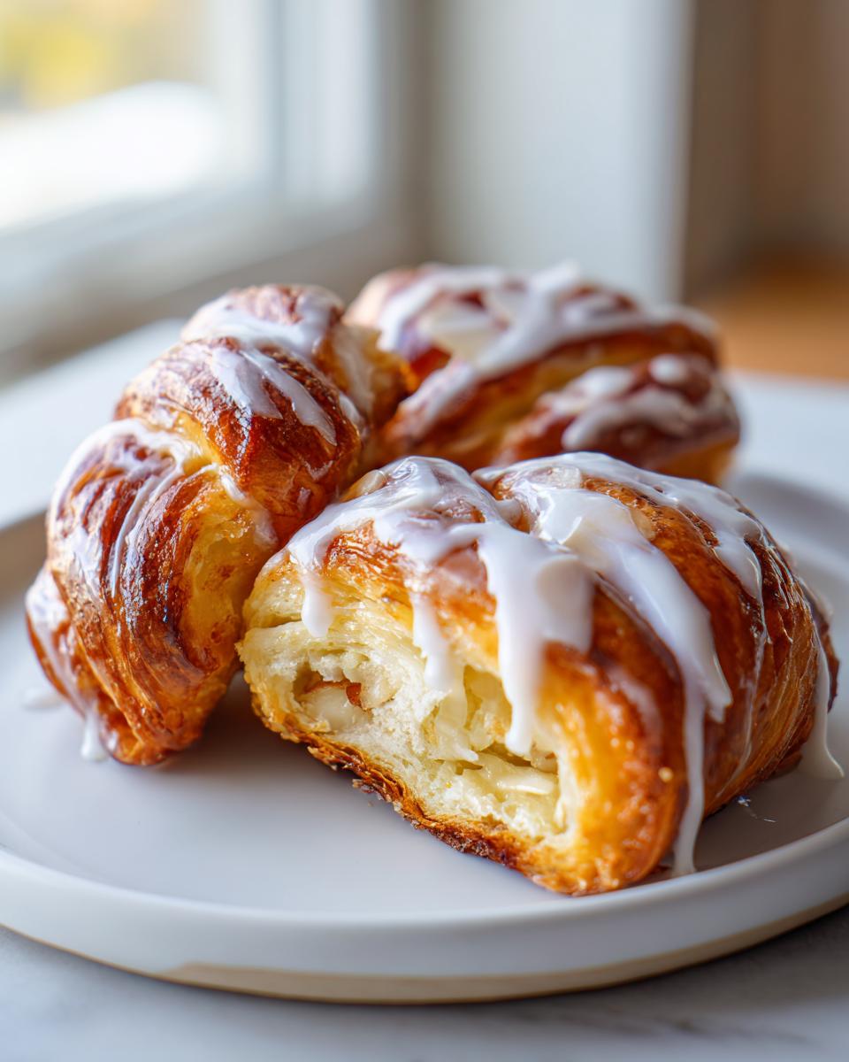 Close-up of three flaky, golden-brown almond bear claws drizzled with white icing, one cut open showing the almond filling.