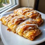 Two golden brown almond bear claws topped with white icing drizzle and sliced almonds on a white plate.