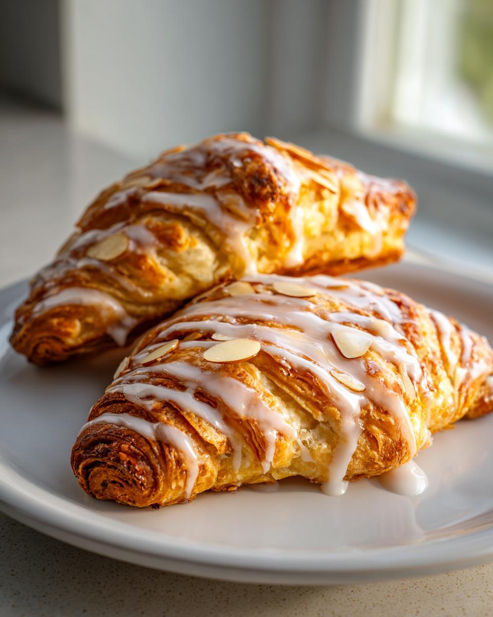 Two golden brown almond bear claws drizzled with white icing and topped with sliced almonds, resting on a white plate.